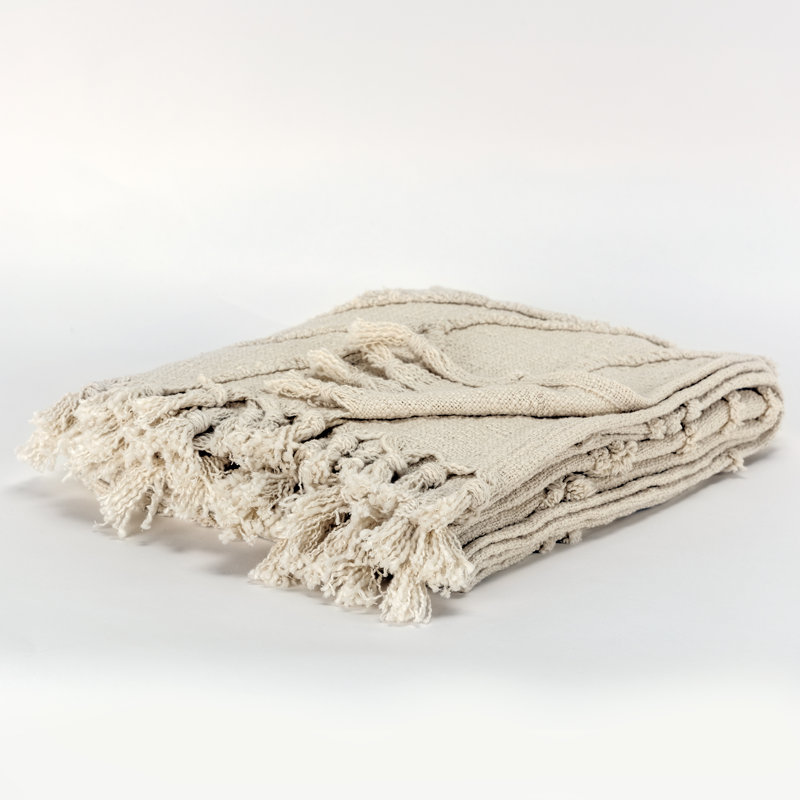 Natural Handwoven Cotton Throw Blanket with Tassels