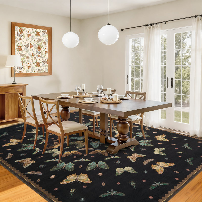 Tapis vintage à motifs papillons et poils ras, Noir, 9 x 12 pi