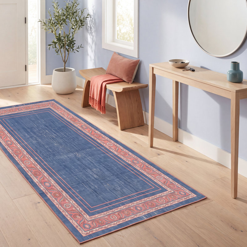 Tapis Whitfield moderne minimaliste à bordure géométrique turquoise, rose et crème, lavable à la machine, antidérapant, à poils courts, pour intérieur et extérieur, adapté aux animaux domestiques, idéal pour le salon, la chambre, la salle à manger, l'entrée, le corridor ou le bureau.