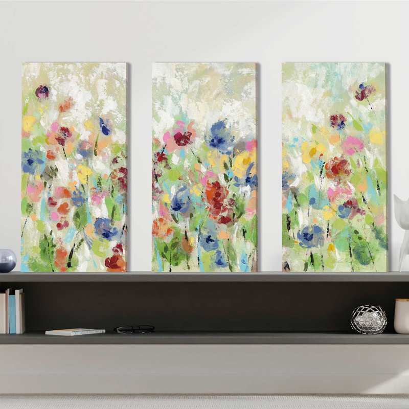 «Springtime Meadow Flowers», ensemble de 3 peintures sur toile tendue, H 32 po x l 48 po x P 0,75 po