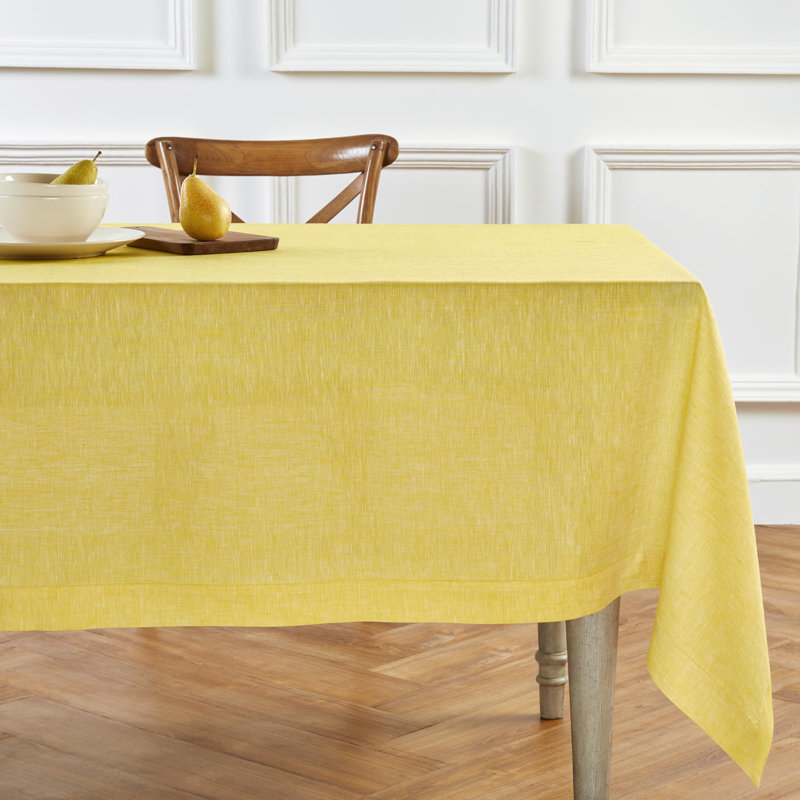 100% Pure Linen Tablecloth - Athena, 144" x 60", Chambray Lemon Yellow