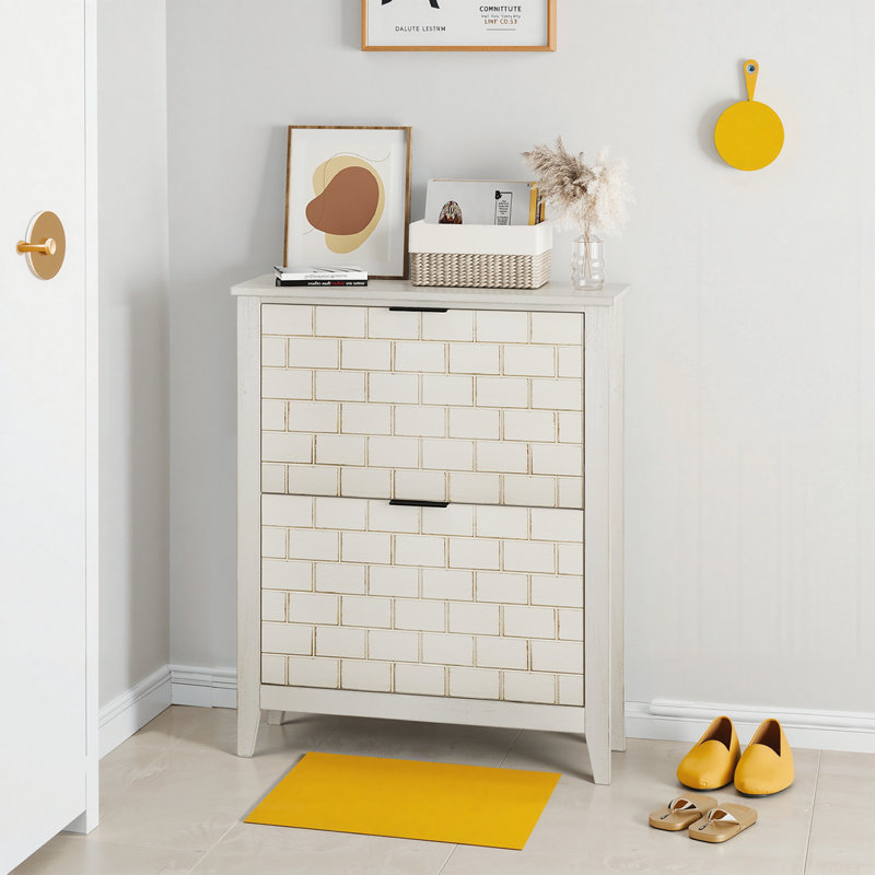 Armoire à chaussures rétro blanc avec 2 tiroirs rabattables, design Mid-Century rétro pour les couloirs et les vestibules