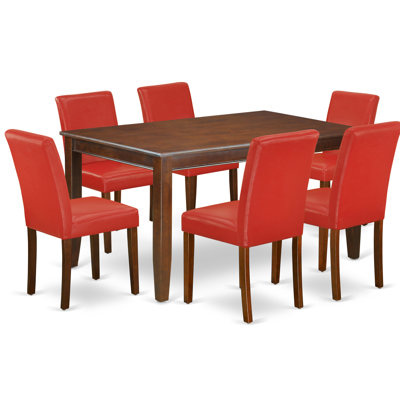 Ensemble de salle à manger 7 pièces composé d'une table de salle à manger rectangulaire et de 6 chaises parsons revêtues de similicuir rouge Firebrick Acajou