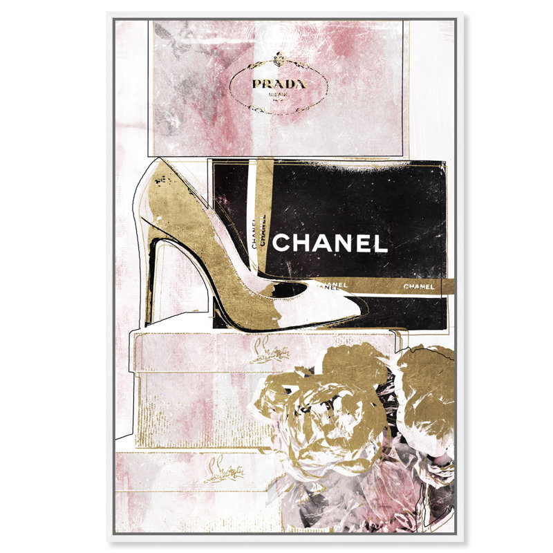 " Luxury Stacked Shoes Rose ", 24" H x 16" W, White Framed
