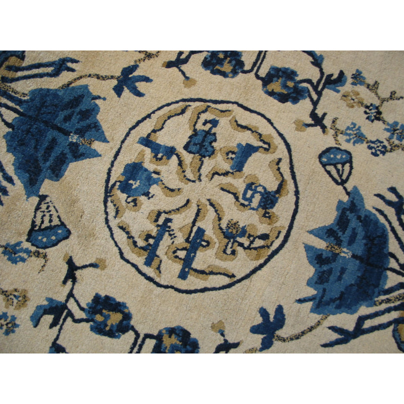 Square Antique Floral Wool Pile Hand Knotted White and Blue Chinese Rug