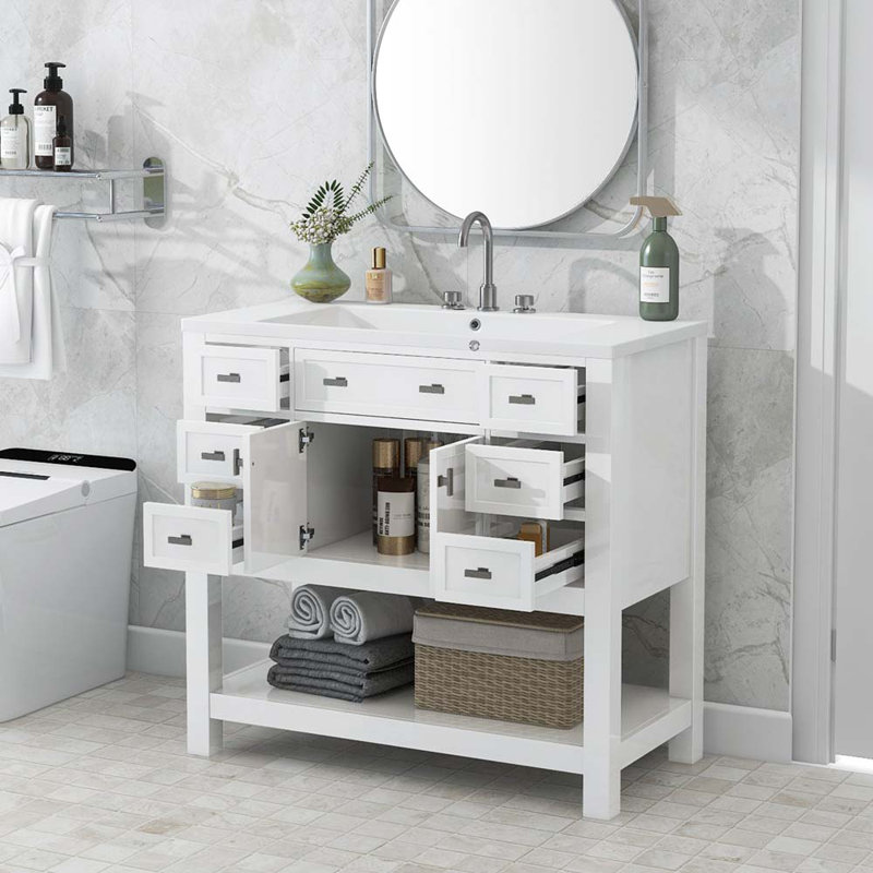 Meuble-lavabo moderne 36 po avec lavabo supérieur, Blanc