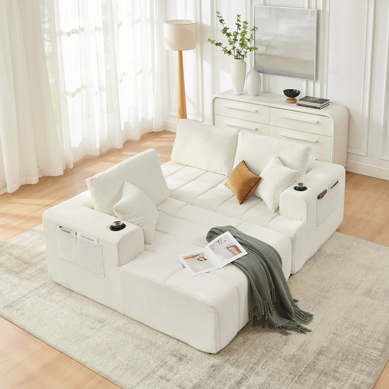 Canapé modulaire en L à compression avec porte-gobelets et poches latérales, Beige Chenille, Left Hand Facing