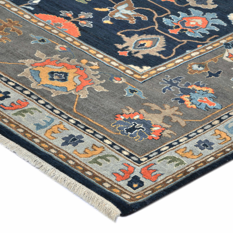 Hand-Knotted Blue and Gray Wool 9' x 12' Area Rug