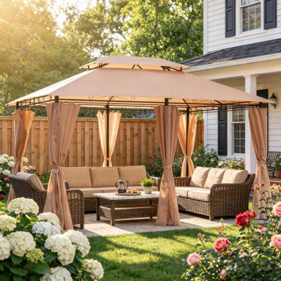 13X10 Ft Outdoor Patio Gazebo, Ventilated Double Roof & Detachable Sidewalls, Khaki