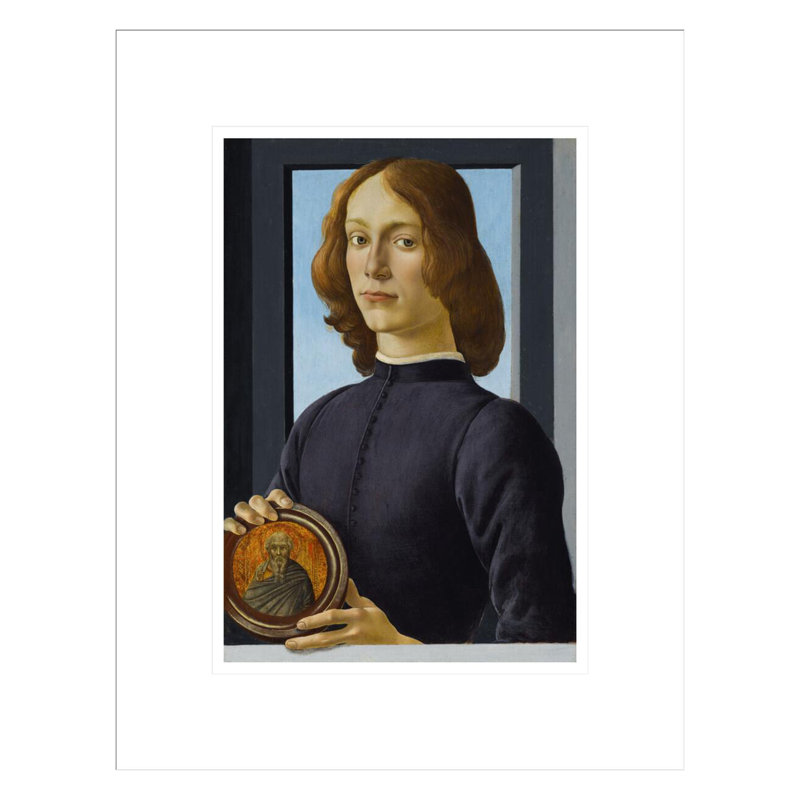 Portrait d'un jeune homme tenant une rondelle par Sandro Botticelli - Impression sur toile encadrée, H 16,75 po x l 13,16 po