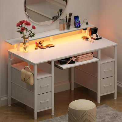 Computer Desk with 4 Drawers and Monitor Shelf, Gaming Desk with LED Lights & Power Outlets