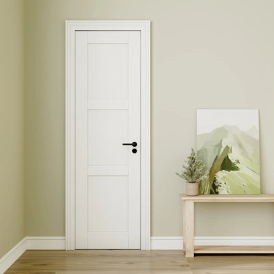 Porte à 3 panneaux à âme solide - Bois massif manufacturé blanc apprêté de taille standard