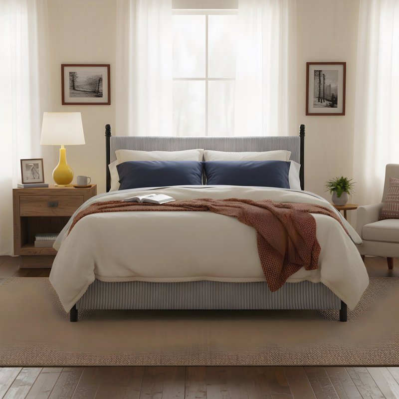 Striped Rubberwood Upholstered Bed, Queen