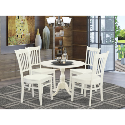 5 Piece Dining Room Furniture Set Includes a Round Kitchen Table with Dropleaf and 4 Dining Chairs, 42x42 Inch, Linen White