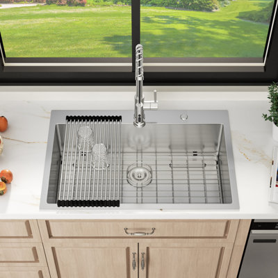 33" L x 22" W Drop-In Kitchen Sink Single Bowl 16 Gauge Stainless Steel Sink with Sink Bottom Gird and Drain Assembly
