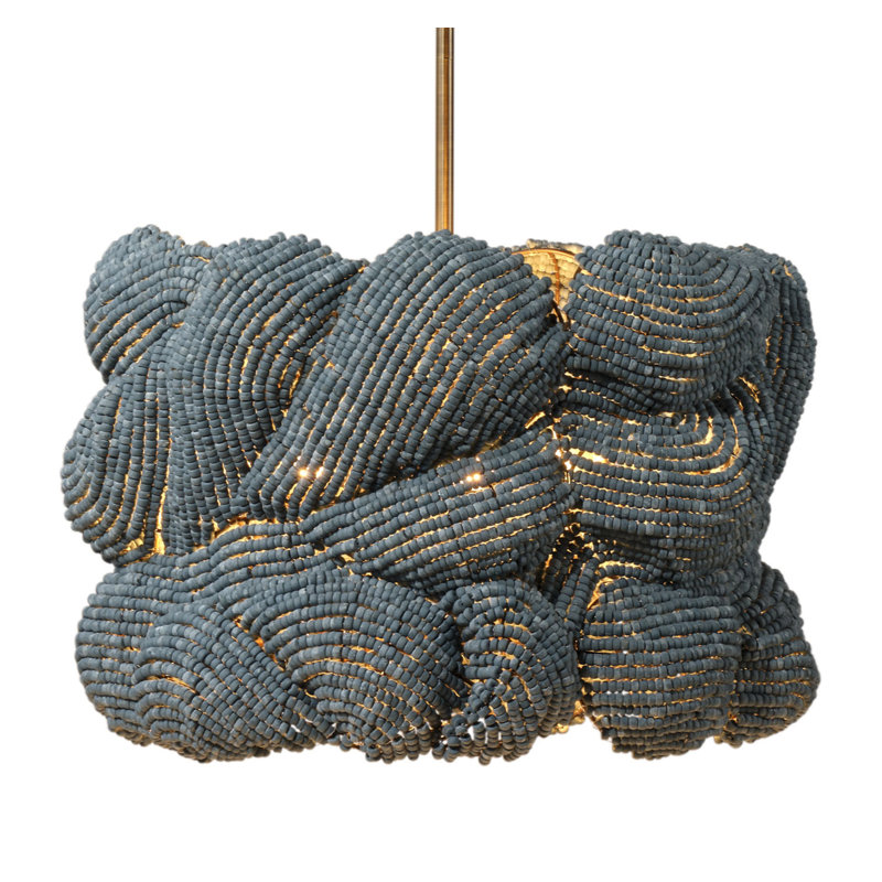 Anguilla 3-Light Wood Beaded Chandelier, Natural, Blue