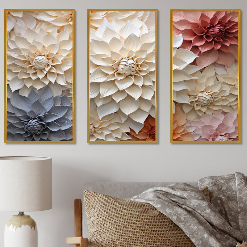 Bouquet de fleurs de Dahlia I - ensemble de décorations murales Dahlia, Cadre flottant doré, H 40 po x l 60 po x P 1 po