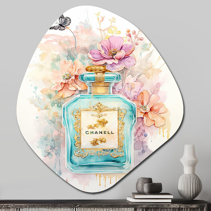 Rétro bouteille de parfum pastel floral I - Parfum de forme nébuleuse, art mural asymétrique en métal, H 28 po x l 25 po