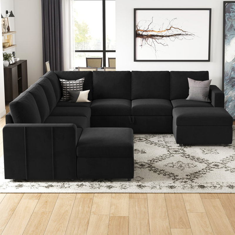 Canapé modulaire en L Aubade de L 107 po avec 2 repose-pieds avec rangement, Velours noir