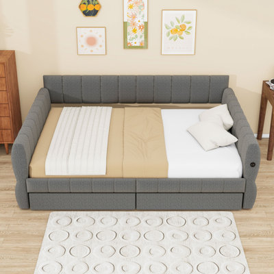 Queen Wooden Upholstered Daybed with USB Ports, Storage Drawers and Slats by Xiao Hailuo