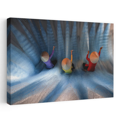 Women Weaving Blue Nets Colorful Traditional Abstract Architecture Wall Art