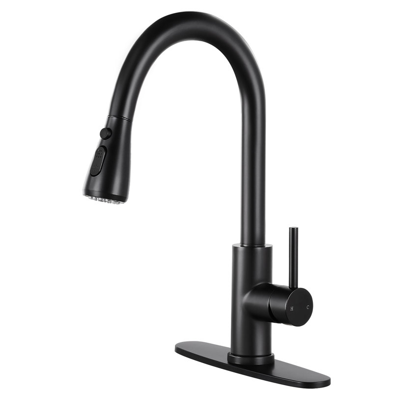 Robinet de cuisine rétractable à poignée simple avec douchette, Noir mat