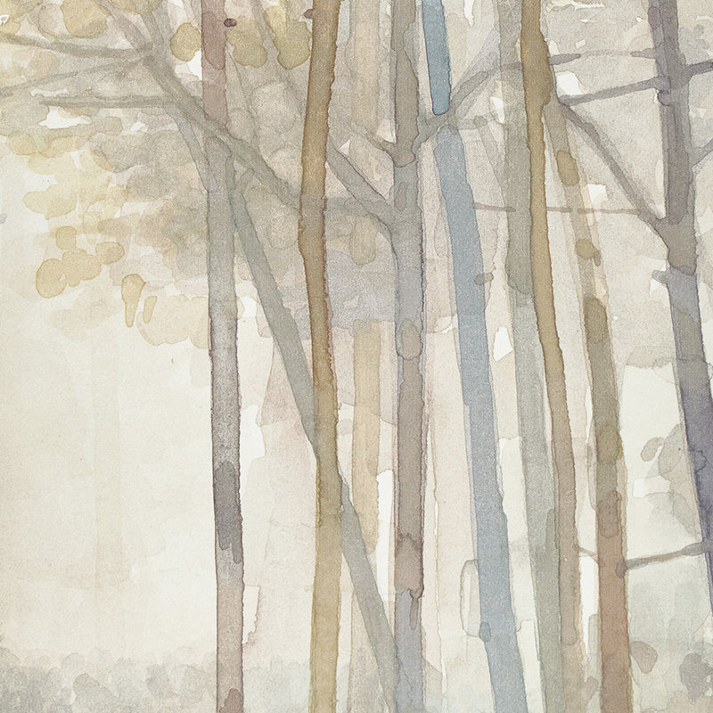 Art mural représentant un paysage de forêt - œuvre d'art texturée et thème suspendu dans des teintes froides avec caractéristique