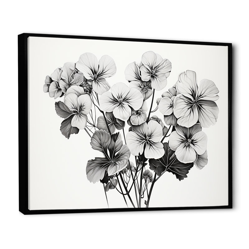 " Minimalism Black And White Geraniums ", Black Floater Framed, 12" H x 20" W