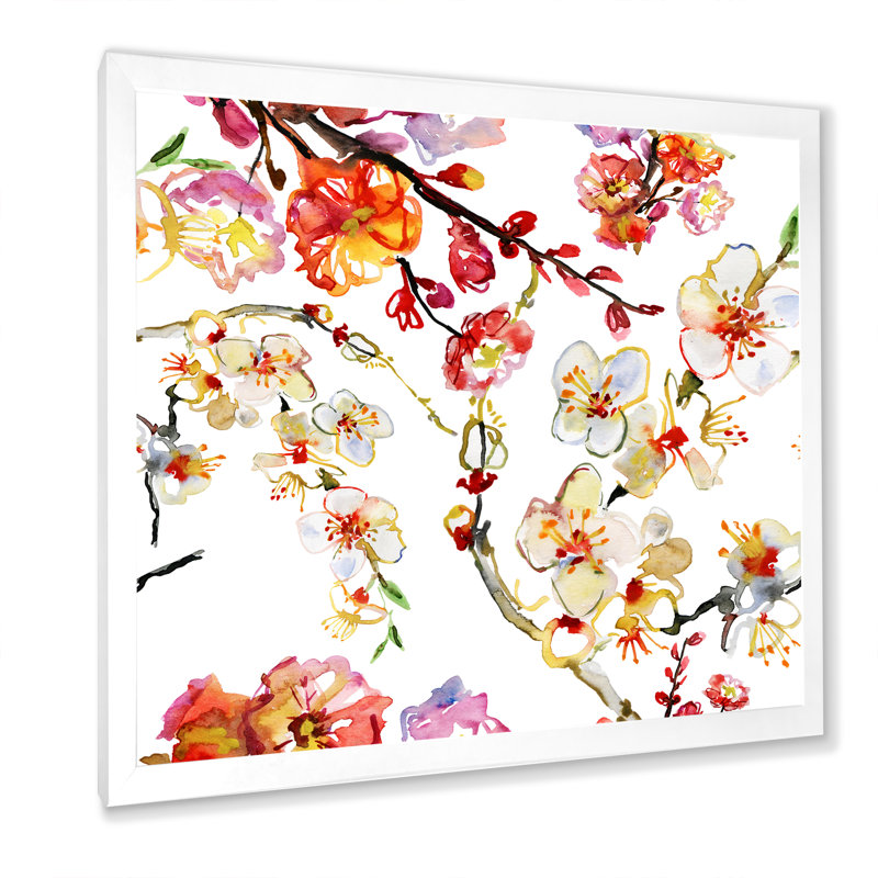 Sakura fleurs en rouge et jaune - reproduction d'art sur toile traditionnelle, H 36 po x l 36 po x P 1 po, Cadre photo blanc