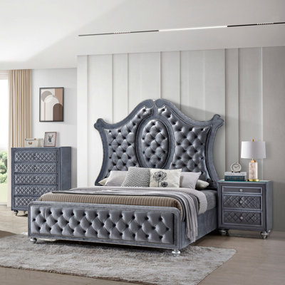 1pc Glam 5-Drawer Chest Velvet Tufted Drawer Front Faux Crystal Drawer Knobs Bedroom Furniture