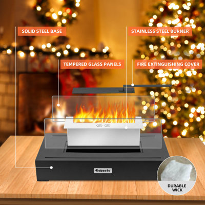 13.7 In. X 5.5 In. Bio-Ethanol Ventless Fireplace In Glass/Black Metal For Indoor/Outdoor, Smokeless Tabletop Fire Pit