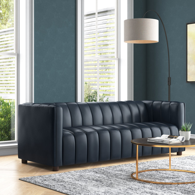 Anorea 83'' Genuine Leather Channel Tufted Sofa, Navy Genuine Leather