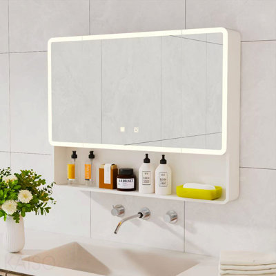 Armoire à pharmacie à DEL pour la salle de bain avec lumière chaude une couleur. Armoire en plastique-aluminium anti-buée et facile à installer. (35,43 x 27,56 trois portes)