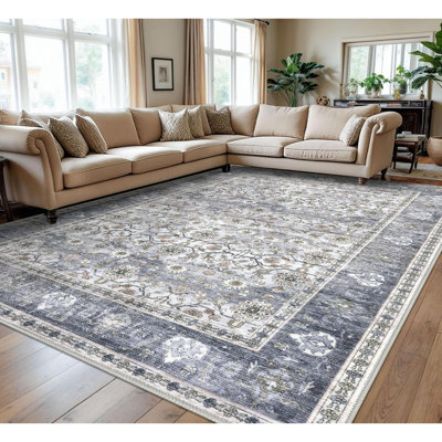 Tapis de salon rétro à motif floral rétro, tapis de chambre à coucher lavable et antidérapant, tapis traditionnel à poils longs délavé doux et doux pour chambre à coucher, salle à manger, bureau