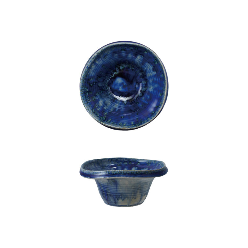 Bol en grès de forme organique avec glacis craquelé réactif, bleu, ensemble de 4