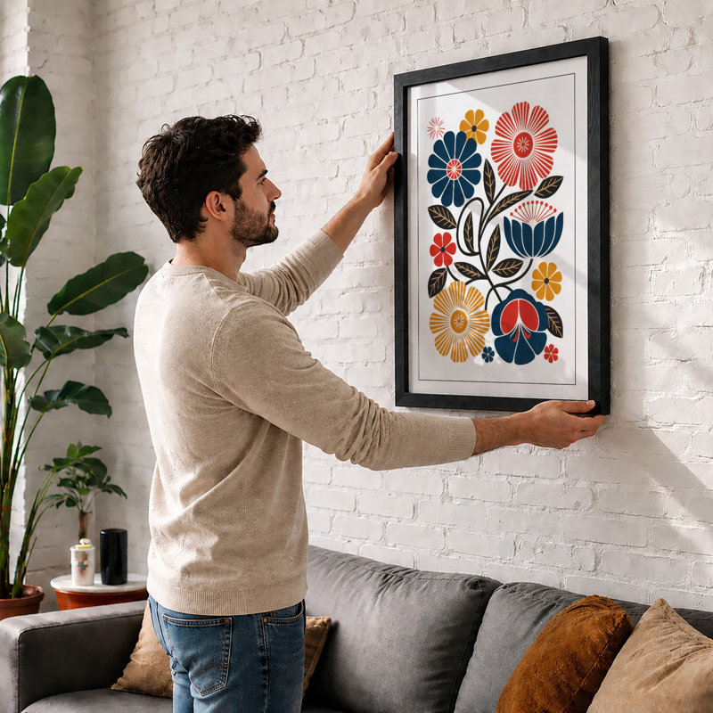 Geometric Florals Mid-Century - Framed Print, A4 - 29.7 x 21.0 cm, Oak