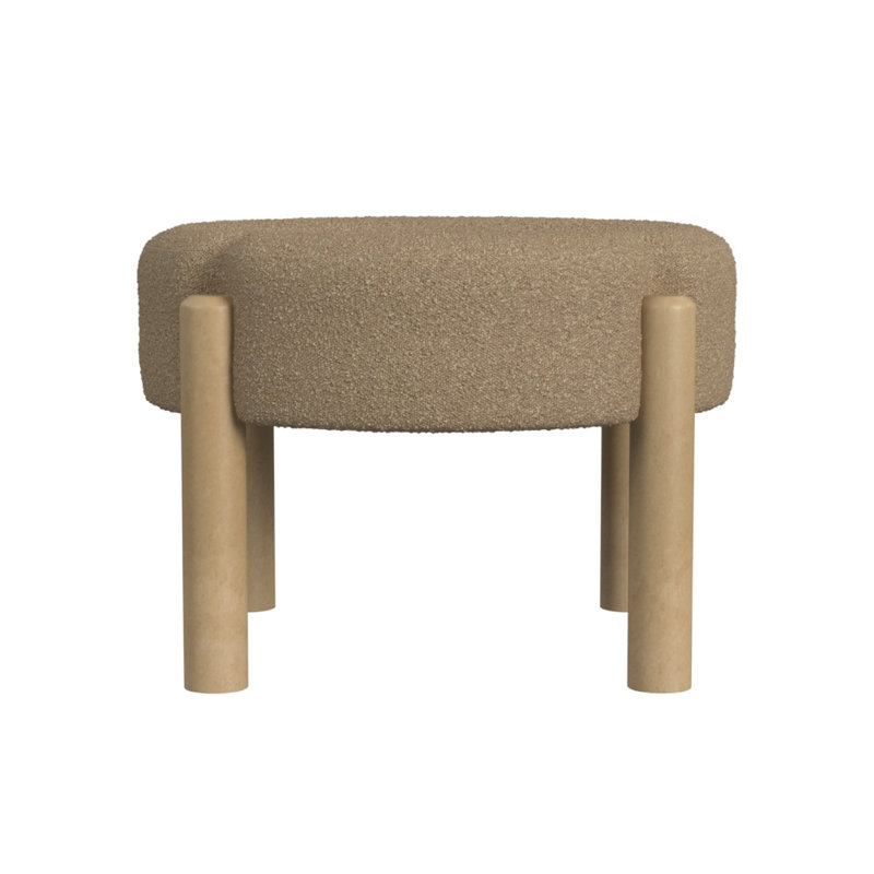 Eli 22 Inch Ottoman Footstool, Brown Boucle And Natural Hardwood, Brown