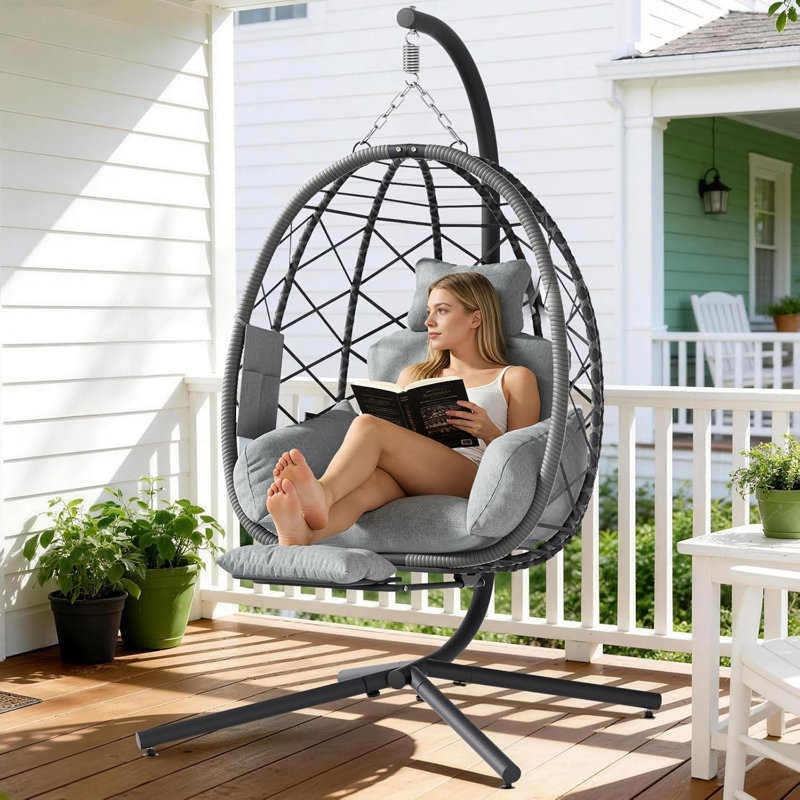 Fauteuil à œufs suspendu avec support, fauteuil à œufs en osier avec coussin, appui-tête et repose-pieds réglable pour patio, balcon, jardin ou salon intérieur