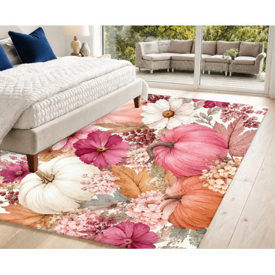 Grand tapis floral citrouille, motif de récolte d'automne, fleurs rose orange et blanches éclatantes, tapis antidérapant, décoration intérieure artistique pour salon, chambre à coucher, salle à manger, cuisine, couloir, appartement