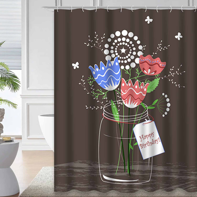 Rideau de douche avec 12 crochets dessinés Happy Birthday Flowers, L 72 po x l 84 po
