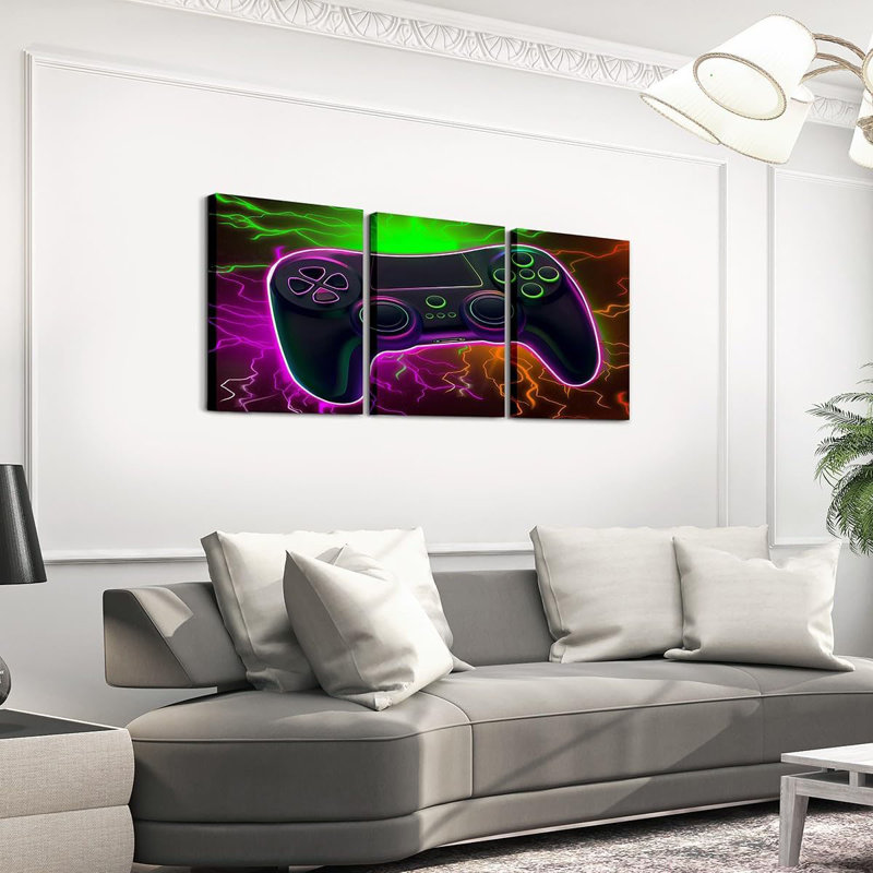 Video Game Room Decor Wall Decorations Abstract Lightning Gaming 3 Piece Framed Wall Art for Living Room 16" L x 12" W Each,Gamer Picture Wall Decor