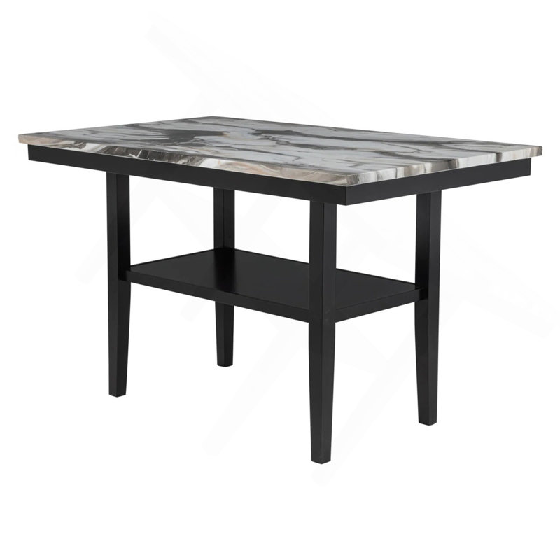 Table de salle à manger de comptoir de 60 po avec tablette inférieure de rangement, plateau en bois à finition marbre pour la salle à manger de cuisine, noir