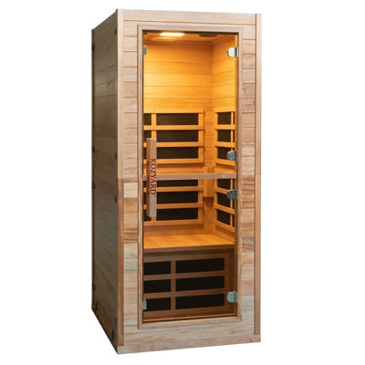 Cabine de sauna infrarouge Kozyard pour une personne, chauffage à 270°, sauna sec, cabine en bois avec haut-parleur Bluetooth, générateur d'oxygène, lumière d'ambiance et massage des pieds pour une utilisation spa à domicile.