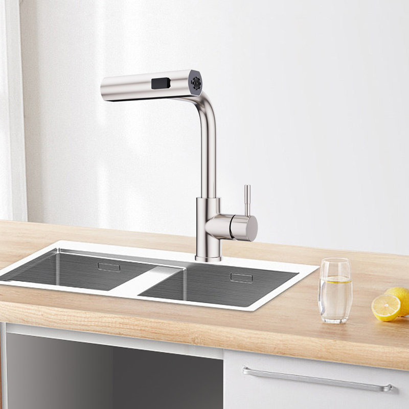 Robinets de cuisine avec pulvérisateurs rétractables Robinets d'évier avec robinets à poignée simple, Nickel brossé