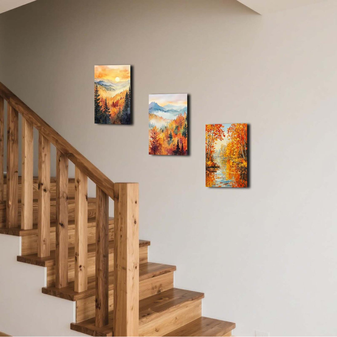 Autumn Picture Wall Art 3 Pieces Fall Forest Canvas Prints Maple Leaves Tree Painting Forest Path With Mountains Scenery Poster Home Decor Framed