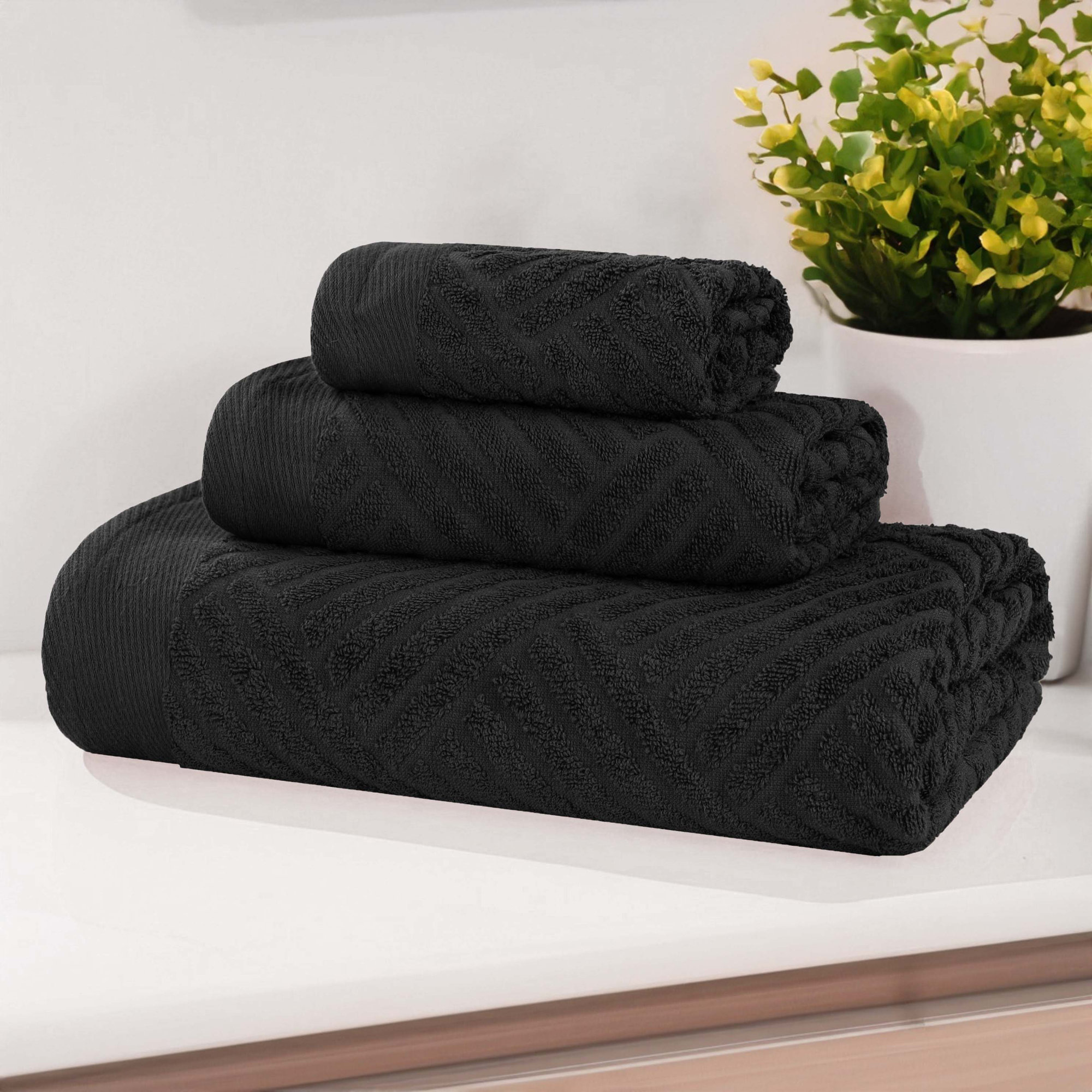 Ocilla Certified Egyptian Cotton Medium Weight Textured Soft Absorbent Jacquard 3 Piece Towel Set, Black