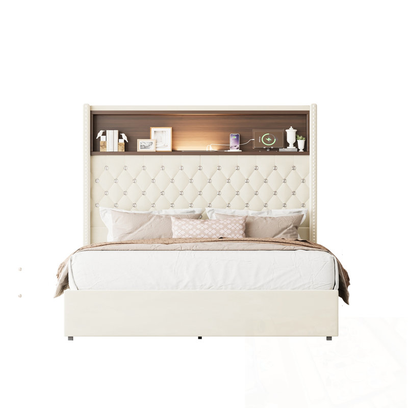 Structure de lit double capitonnée en velours avec port USB et veilleuse, Beige