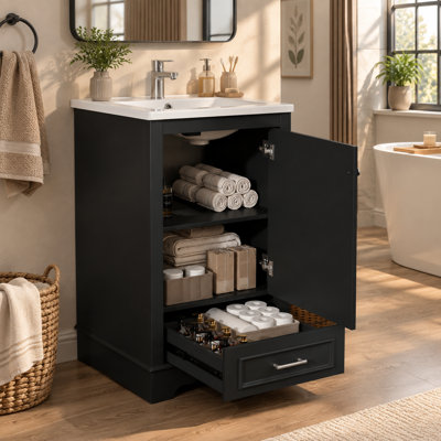 Meuble-lavabo moderne noir de 51,3 cm (20,21 pouces) avec lavabo en céramique, un tiroir, meuble-lavabo simple sur pied, porte à fermeture en douceur
