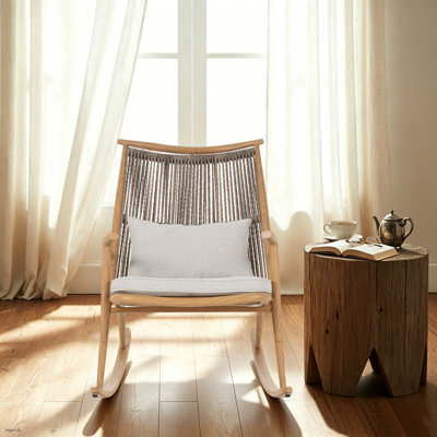 Chaise berçante d'intérieur et d'extérieur Mid-Century en teck avec coussin, corde résistante aux intempéries et chaise berçante en bois pour patio, salon, chambre à coucher