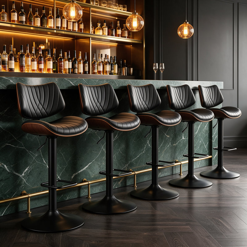 Ensemble de 2 tabourets de bar pivotants et réglables, en similicuir, hauteur comptoir, avec dossier et repose-pieds, style moderne pour la cuisine et le bar, noir.